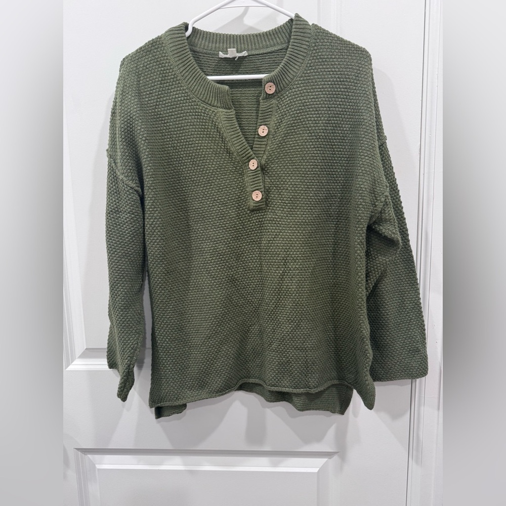 Forest Green Quarter Button-Up Women's Oversized Knit Sweater Cottage Boho